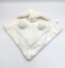 Doudou plat carré lapin blanc fourrure CADES pompons TTBE