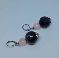 Boucles d'oreille en acier inoxydable quartz rose et améthyste création unique