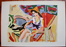 LITHOGRAPHIE DE PIERRE CORNU-FEMME AU TRANSAT- HC ET SIGNÉE- 65X45CM