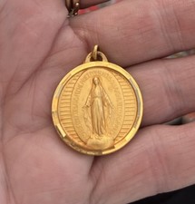 French Brass Mary Pendant 1” Miraculous Medal Gold Round Paris