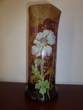 Ancien Vase Verre Emaillé Legras Décor Floral Coquelicot Old Glass Enamel