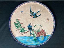 LONGWY, Plat rond émaux polychromes décor oiseaux vers 1900