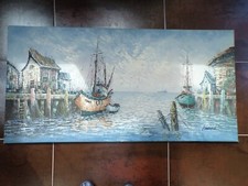 Tableau Huile sur toile au couteau signé Florence - Vue de port 120 x 60 cm