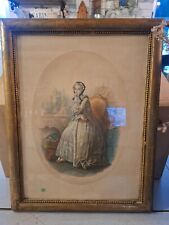 Gravure ancienne encadrée baguette dorée "jeune fille devant cheminée" n°1