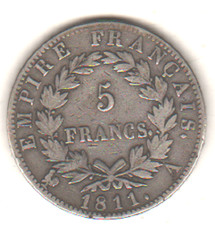 pièce de 5 francs argent Empire français, Napoléon empereur, 1811 A, Paris