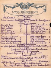 PARIS I° / RESTAURANT "SAVOY RESTAURANT" Carte des MENUS période 1930