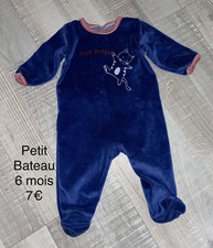 Petit Bateau 6 Mois : BABYGROS Pyjama Velours Hiver Bleu Chat Garçon TBE