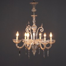 Lustre Vénitien Ancien Verre Soufflé 6 Lumières XIXe Siècle Original