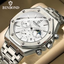 Montre Homme BINBOND B0161 Quartz Cadran Blanc Bracelet Argenté Style Moderne