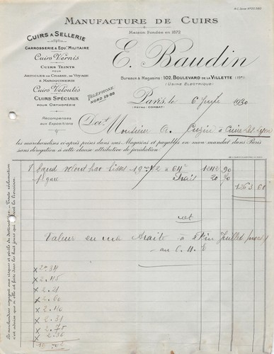 Facture 1930 cuirs e - , e.baudin