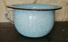 P4- ancien pot de chambre émaillé blanc chiné bleu turquoise 
