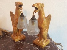 RARE paire d'appliques / lampes gargouilles faience emaillée signées PICHON-UZES