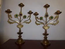 Ancien Chandelier Art Nouveau Eglise Fleur Tulipe Bronze Old Candlestick  Church