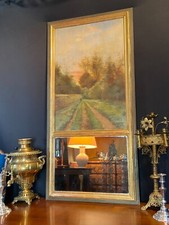 Miroir de cheminée trumeau fin XIXe tableau signé Carlier au chemin de campagne