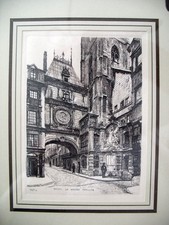 Estampe Leopold Robin Rouen La Grosse Horloge gravée sur cuivre