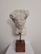 Torse Ou Buste D'homme En Plâtre Vintage Socle Bois Sculpture Statue