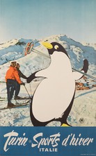 Original Skiing Poster, Campagnoli, Turin, Winter Sport, Penguin, Mountain, 1955