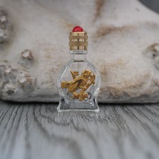 4.3 cm, miniature de parfum vide, bouteille en verre décoré d'un oiseau doré
