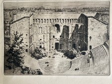 Charles Pinet gravure eau forte Etching Theatre Antique Orange Ruines Romaine