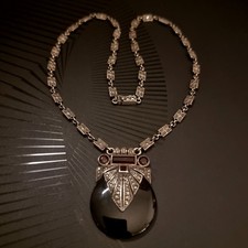 Collier ART DECO en ARGENT 835 et pierres : marcassites, onyx, cornaline, Allema