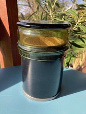 Pot à tabac ancien en verre, métal et cuir noir, TBE