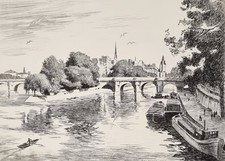 Rare estampe eau forte originale paysage Seine Paris Le Pont Neuf Léopold Robin