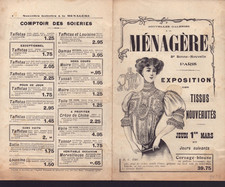 PARIS (X°) Exposition des TISSUS "A LA MENAGERE" Tract + Echantillons 1 mars1906