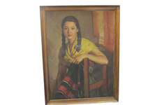 Tableau ancien huile d'une jeune femme au beau visage vers 1930 Maître Viana