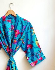Coton Long Kimono Turquoise Imprimé Oiseau Femmes Indien Pyjama Robe de Chambre