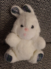 S6 / doudou peluche lapin blanc carreaux bleu NOUNOURS ancien vintage