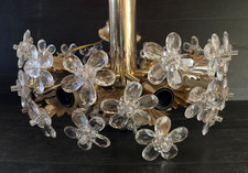 Lustre suspension 40 cm 9 feux métal doré pétales fleur verre Italie Banci XX