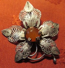 BROCHE ancienne ARGENT filigrané FLEUR coeur CABOCHON AGATE sertie ART DÉCO