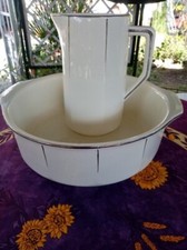 Service de Toilette ancien Broc et Cuvette Blanc et Argenté Faïence de Salins 