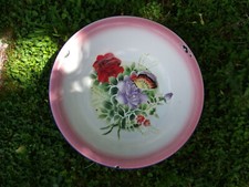 GRANDE BASSINE EN TÔLE ÉMAILLÉE VINTAGE - DÉCOR DE PAPILLON SUR BOUQUET DE ROSES
