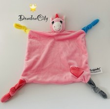 5206?Doudou plat Mouchoir Licorne Rose jaune gris Coeur SANDY Crapouille