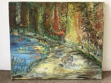 Tableau Peinture Chemin D’Automne Avec Phacochère & Chien, Huile Sur Toile Signé