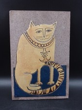 Plaque Pierre de Lave émaillée Vintage Cubiste Chat signé MW Dlg Jaffeux 1970