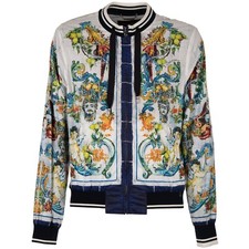 Dolce & Gabbana Majolique Baroque Imprimé Veste Bomber Avec Sacs Bleu Blanc