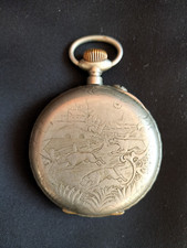 Grosse montre gousset type régulateur système Roskopf / Fond gravé scène chasse