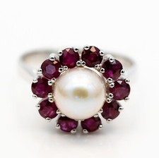 Bague 585/14K Or Blanc Ayoka Perle Rubis Environ 1,5ct Taille 58
