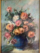 Tableau bouquet de roses  Signée CALVET Huile sur toile bon état