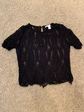 ReVamped BLACK CROCHET LACE Crochet BLOUSE TOP MEDIUM Braless Sheer Classic