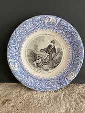 Assiette Dessert Ancienne Ces Bons Chasseurs Porcelaine Opaque Luneville Bleu 19