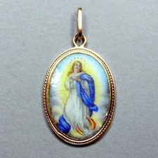 Hail Mary. Antique Italian Religious Gold Pendant. Hand Painted Enamel Medal.