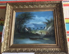 F.KOCH. Grande Huile sur Toile Dans Cadre Doré. <Paysage Lacustre> Côté AKOUN