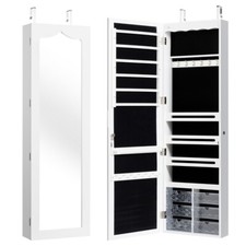 Armoire à Bijoux Murale LED avec Miroir 6 Tiroirs Hauteur du Crochet Ajustable