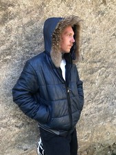 Italian D'Arienzo Mens Dark Navy Padded Leather Bomber Jacket Detach Hood Sz L