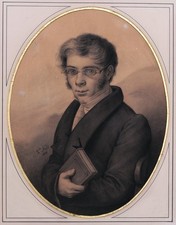 Dessin encadré portrait jeune homme lunettes livre intellectuel Léon Noël papier