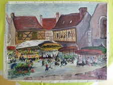 Toile ancien Huile scène de rue Marché/ DLG Lucien Genin Signé Sans Châssis.