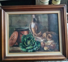 Huile sur toile GIRARD "Nature morte au chat perdrix chou oignon chaudron" 1923